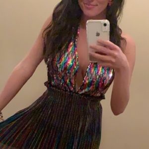 Rainbow sequin halter top bodysuit.